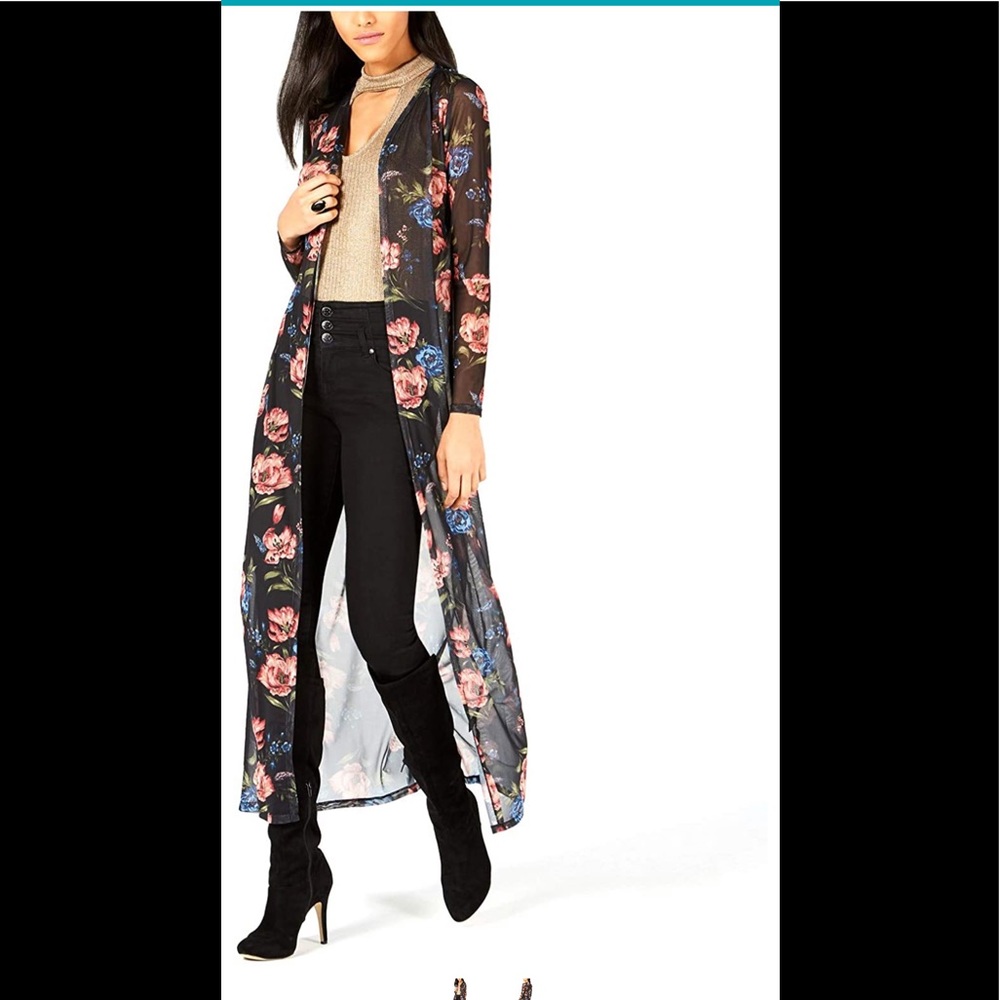 Black floral printed sheet open front duster